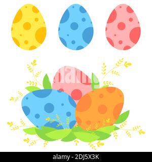 Set di uova di Pasqua isolate colorate su sfondo bianco. Con un modello astratto. Nel nido delle foglie. Semplice illustrazione vettoriale piatta. Suita Illustrazione Vettoriale