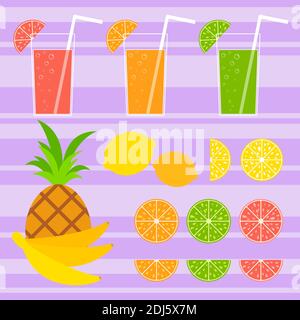 Set di frutti isolati colorati che innaffiano la bocca. Succulento, luminoso, delizioso cibo tropicale. Lime, limone, pompelmo, arancia, banane, ananas, cocktail Illustrazione Vettoriale
