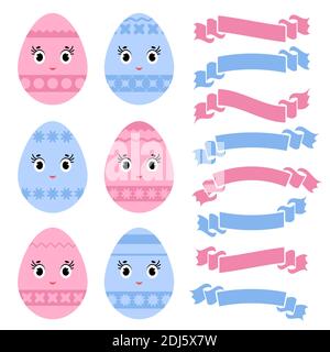 Set di cartoon carino colorato isolato uova di Pasqua e nastri striscioni su sfondo bianco. Con un pattern striped astratto. Semplice illusione vettoriale piatta Illustrazione Vettoriale