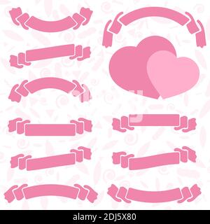 Set di silhouette isolate colorate di cuori carini e striscioni a nastro su sfondo bianco. Semplice illustrazione vettoriale piatta. Design per San Valentino Illustrazione Vettoriale
