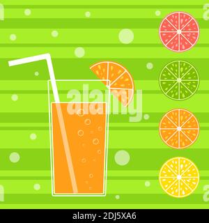 Set di frutti isolati colorati che innaffiano la bocca. Succulento, luminoso, delizioso cibo tropicale. Lime, limone, pompelmo, arancia, cocktail con paglia. Semplice fl Illustrazione Vettoriale