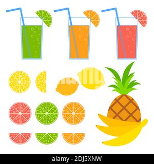 Set di frutti isolati colorati che innaffiano la bocca. Succulento, luminoso, delizioso cibo tropicale. Lime, limone, pompelmo, arancia, banane, ananas, cocktail Illustrazione Vettoriale