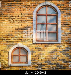 Perdere le pareti in mattoni d'annata arancio. Lo sfondo del muro di mattoni è giallo con due finestre. Struttura delle vecchie vetrate e finestre di legno, Foto Stock