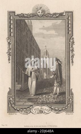 Illustrazioni per 'Gil Blas', Plate VIII, Stampa realizzata da James Heath, 1757–1834, British, After Thomas Stothard, 1755–1834, British, 1781, incisione di linea su carta media, leggermente testurizzata, color crema Foto Stock