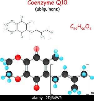 Coenzima Q10. Formula strutturale chimica e modello di molecola di ubichinone. Illustrazione vettoriale Illustrazione Vettoriale