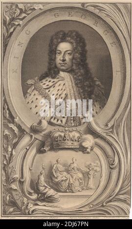 King George i, Stampa realizzata da Jacobus Houbraken, 1698–1780, olandese, dopo Sir Godfrey Kneller, 1646–1723, tedesco, attivo in Gran Bretagna (dal 1676), 1746, incisione di linea su carta media, leggermente testurizzata, crema Foto Stock