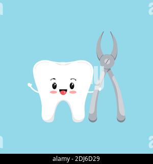 Dente carino con l'icona della pinza dentaria isolata su sfondo blu. Illustrazione Vettoriale