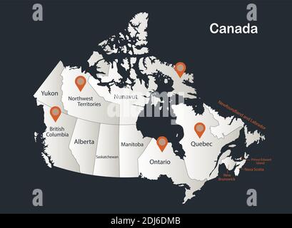 Mappa Canada, Infografica disegno piano colori bianco neve, con nomi di singole regioni vettore Illustrazione Vettoriale