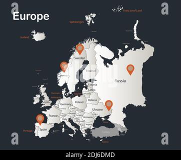 Mappa d'Europa, Infographics disegno piano colori bianco neve, con nomi di singoli stati vettoriali Illustrazione Vettoriale