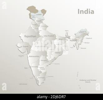 India mappa, divisione amministrativa, regioni separate con nomi di singole regioni, nuova mappa di divisione anno 2020, carta cartoncino vettore naturale 3D Illustrazione Vettoriale