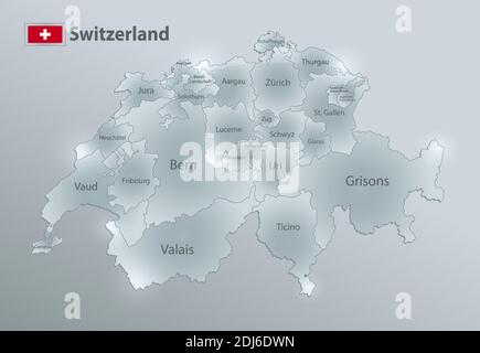 Svizzera cartografia e bandiera, divisione amministrativa, separa regioni e nomi singole regioni, design vetro scheda vettore 3D Illustrazione Vettoriale