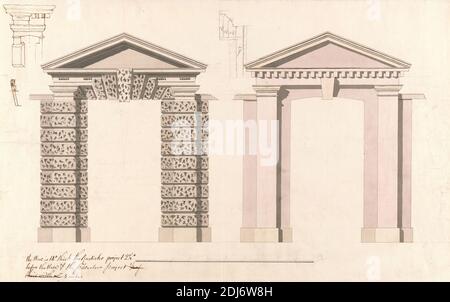 The Hoo, Kimpton, Hertfordshire: Elevazioni e dettagli di un Gateway, Sir William Chambers RA, 1723–1796, British, ca. 1760-1764, grafite, penna e inchiostro marrone, e acquerello su carta leggermente spessa, moderatamente testurizzata, crema, foglio: 12 x 19 1/4 pollici (30.5 x 48.9 cm), soggetto architettonico, porta, gateway, stampaggio, neoclassico, rustication, Inghilterra, Hertfordshire, Kimpton, Regno Unito Foto Stock