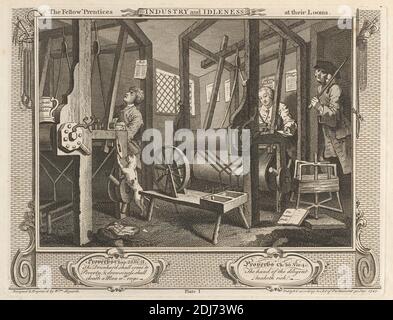 Plate 1, The Fellow 'Prentices at their looms, Print Made by William Hogarth, 1697–1764, British, After William Hogarth, 1697–1764, British, 1747, Etching with line incisioni, Sheet: 10 3/8 × 13 1/2 inch (26.4 × 34.3 cm Foto Stock