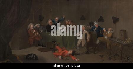 Una conversazione moderna di mezzanotte, artista sconosciuto, dopo William Hogarth, 1697–1764, inglese, ex William Hogarth, 1697–1764, inglese, ca. 1732, olio su tela, supporto (PTG): 30 x 64 1/2 pollici (76.2 x 163.8 cm), bottiglie, candelabri, orologio, pezzo conversazione, bere, cibo, mobili, genere soggetto, limoni, mezzanotte, vino Foto Stock