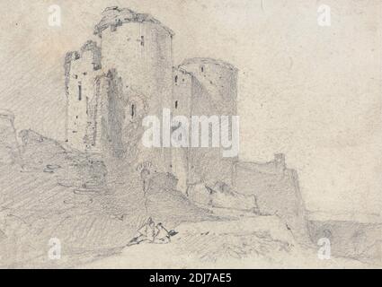 Castello di Beeston, Cheshire: Ingresso al castello, John Sell Cotman, 1782–1842, inglese, ca. 1814, grafite media, leggermente testurizzata, carta in wove crema, foglio: 4 3/4 x 6 3/4 pollici (12.1 x 17.1 cm), soggetto architettonico, castello, Beeston, Cheshire, Inghilterra, Regno Unito Foto Stock