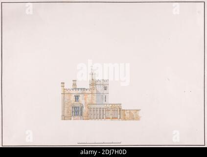 Banner Cross Hall, Sheffield: Exterior Elevation, Studio di Sir Jeffry Wyatville, 1766–1840, inglese, non satinato, grafite, inchiostro penna e marrone e acquerello su carta leggermente testurizzata, di spessore moderato, wove, foglio: 12 11/16 × 17 13/16 pollici (32.2 × 45.2 cm), soggetto architettonico Foto Stock