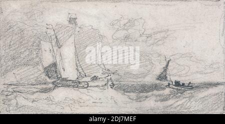 Velieri e Barche in un mare agitato, John Sell Cotman, 1782–1842, inglese, non satinato, grafite su media, leggermente testurizzata, carta di wove crema, foglio: 3 1/2 x 6 3/8 pollici (8.9 x 16.2 cm), barche, arte marina, mare, onde (eventi naturali Foto Stock