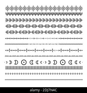 Ornamenti etnici neri. Design geometrico tribale, stile azteco, texile nativo americano. Elementi vettoriali per pennelli, trame, motivi. Illustrazione Vettoriale
