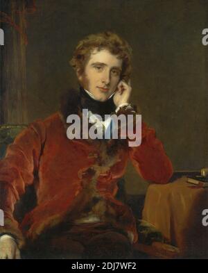 George James Welbore Agar-Ellis, in seguito primo Baron dover, Sir Thomas Lawrence, 1769–1830, britannico, dal 1823 al 1824, olio su tela, supporto (PTG): 36 x 29 pollici (91.4 x 73.7 cm), cappotto, costume, tessuto, pelliccia, mano, uomo, telo da collo, ritratto, seduta, scorta, tessitura Foto Stock