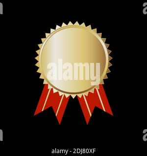 Francobollo d'oro con nastri isolati su sfondo bianco. Guarnizione di lusso. Medaglia di premio 3d immagine realistica vettoriale a colori. Ricompensa. Medaglia d'oro con rosso Illustrazione Vettoriale