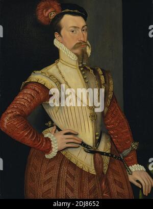 Robert Dudley, primo conte di Leicester (1532/3–1588), Steven van der Meulen, attivo 1543–1563, olandese, attivo in Gran Bretagna (dal 1560), naturalizzato 1562, ca. 1565, olio su pannello, supporto (PTG): 35 1/2 x 28 1/2 pollici (90.2 x 72.4 cm), aglet, aiguillette (corde), barba, cintura, collare, costume, doppietta, conte, piuma, treccia d'oro, copricapo, testa, uomo, medaglione, baffi, collana, motivo, pendente, ritratto, volant, spada, Tudor Foto Stock