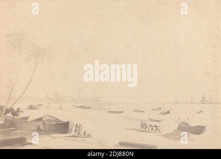 Madras, William Daniell, 1769–1837, inglese, ca. 1792, Gray wash and graphite on moderatamente spessi, leggermente testurizzati, beige, carta wove, foglio: 16 3/8 × 24 1/16 pollici (41.6 × 61.1 cm), baia (corpo d'acqua), spiaggia, barche, edifici, paesaggio urbano, costa, bandiera, genere soggetto, lavoro, lavoratori, paesaggio, paesaggio, tempo libero, uomini, palme, porto, trazione, riposo, corda, navi, Shore (landform), parlando, Union Jack, lavoratori, lavoro, Baia del Bengala, Porto di Chennai, India, Madras, Marina Beach, Tamil Nadu Foto Stock