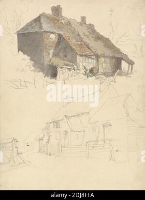 Schizzi di Cottages: Due studi su un foglio, Robert Hills, 1769–1844, britannico, non satinato, acquerello e grafite su carta media, leggermente testurizzata, crema di wove, foglio: 11 1/8 x 8 1/2 pollici (28.3 x 21.6 cm), soggetto architettonico, barile, cottage, recinzione, tetto, shingles, studi (opere visive Foto Stock