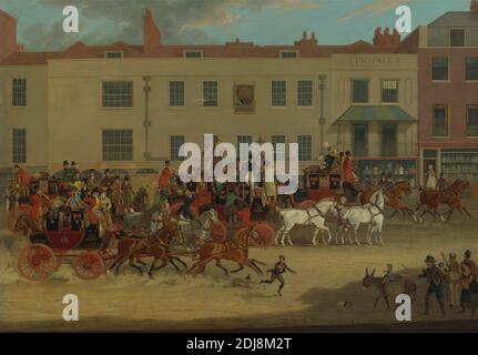 North Country mails at the Peacock, Islington, James Pollard, 1792–1867, British, 1821, Oil on Canvas, Support (PTG): 43 x 60 3/4 pollici (109.2 x 154.3 cm), mele, cofanetti (cappelli), bottiglie, edifici, carrozze, bambini, paesaggio urbano, cappotti, cane (animale), asino, porte, abiti, guida, genere soggetto, imbracature, cappelli, cavalli, uomini, bagagli peacock (uccello), reins, running, negozi, cartello, strada, ruote, fruste (equipaggiamento animale), finestre, donne, gioghi (equipaggiamento animale), Inghilterra, Europa, Islington, Shropshire, Regno Unito Foto Stock