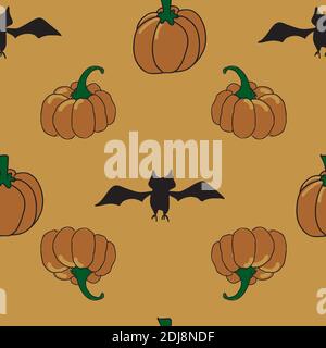 zucche e pipistrelli su sfondo arancione ripetizione vettoriale senza giunture disegno di ripetizione di superficie Illustrazione Vettoriale