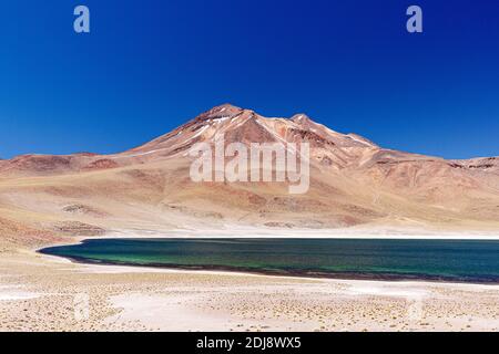 Laguna Miñiques, un lago salmastre ad un'altitudine di 4,120 metri nella zona vulcanica centrale andina, Cile. Foto Stock