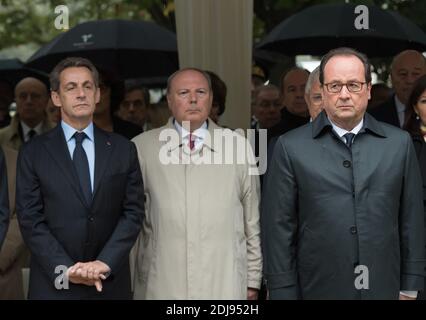 (L-R) l'ex presidente francese Nicolas Sarkozy, il vice Herve Marseille Houts-de-seiner e il presidente Francois Hollande durante un tributo biennale nazionale alle vittime degli attacchi terroristici organizzati dalle associazioni delle vittime, all'Hotel des Invalides a Parigi, Francia, il 19 settembre 2016. Foto di Jacques Witt/piscina/ABACAPRESS.COM Foto Stock