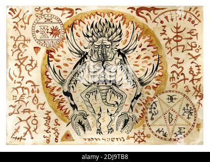 Illustrazione mistica con demone malvagio e simboli magici neri sul vecchio manoscritto. Illustrazioni occulte ed esoteriche Foto Stock