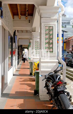 Vista delle mattonelle floreali peranakan sulle colonne, lungo un passaggio di 'cinque piedi' nell'enclave di Jalan Besar, Singapore Foto Stock