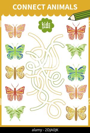 Giochi da tavolo per bambini per preschoolers e studenti della scuola primaria fogli di lavoro, asilo.Page Per bambini libro educativo.cute farfalla inbrct Illustrazione Vettoriale