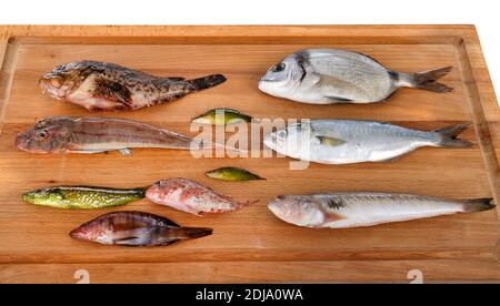 Pesci per zuppa di pesce su una tavola di legno Foto Stock