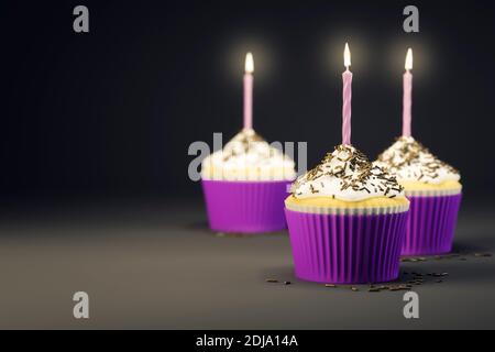 rendering 3d di deliziosi cupcake con candele bruciate Foto Stock