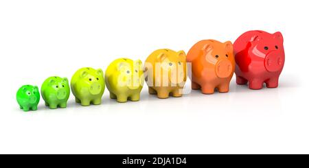 rendering 3d di alcune banche di piggy in diversi colori per l'efficienza energetica Foto Stock