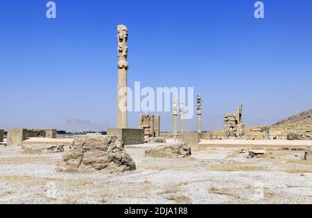 Colonne e rovine di Apadana palazzo costruito da Dario il Grande, Persepolis, Iran. Patrimonio mondiale dell UNESCO Foto Stock