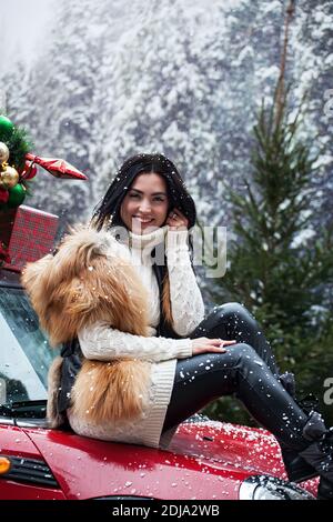 Una donna felice su una macchina rossa con anno nuovo decorazione in una foresta innevata Foto Stock