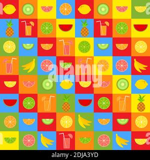 Set di frutta colorata e isolata per l'acquolina in bocca. Luminoso cibo tropicale. Lime, limone, pompelmo, arancio, ananas, kiwi, banana, cocomero. Cocktail wi Illustrazione Vettoriale