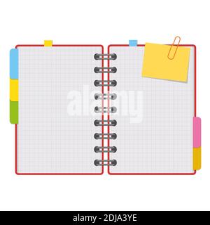 Aprire il blocco note con fogli puliti su una spirale con segnalibri tra le pagine. Immagine vettoriale piatta colorata isolata su sfondo bianco. Con spac Illustrazione Vettoriale