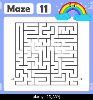 Un labirinto quadrato. Gioco di sviluppo per i bambini. Illustrazione Isolata Vector Flat Colorata. Con un simpatico cartone animato arcobaleno. Illustrazione Vettoriale