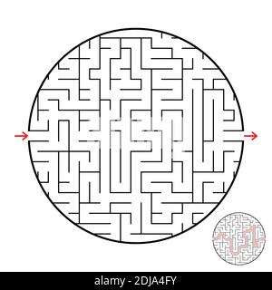 Un labirinto circolare con un ingresso e un'uscita. Semplice immagine vettoriale piatta isolata su sfondo bianco. Con la risposta. Illustrazione Vettoriale