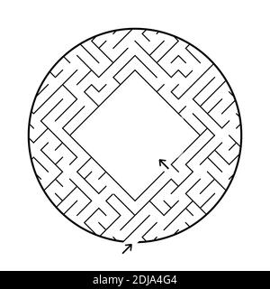 Un labirinto circolare con un ingresso e un'uscita. Semplice immagine vettoriale piatta isolata su sfondo bianco. Con un luogo per la vostra immagine Illustrazione Vettoriale