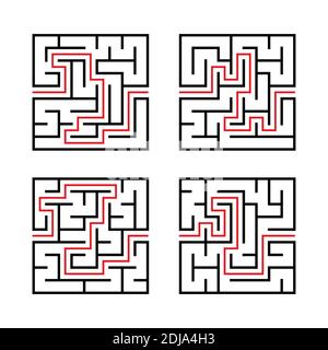 Un set di labirinti quadrati per bambini. Semplice immagine vettoriale piatta isolata su sfondo bianco. Con la risposta Illustrazione Vettoriale