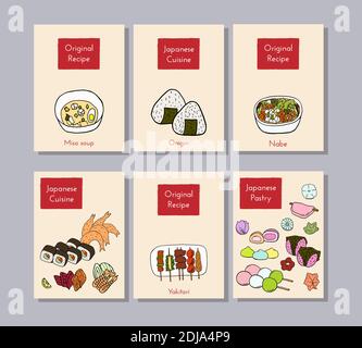 Set di poster disegnati a mano di cucina Giapponese con yakitori, tempura, sushi, onigiri, nabe, sashimi, zuppa di miso e dessert. Progettare l'elemento di schizzo per gli uomini Illustrazione Vettoriale