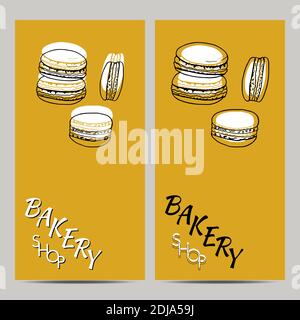 Set di poster da forno disegnati a mano con macaron. Design elemento di schizzo per menu cafè, bistrot, ristorante, panetteria e confezionamento. Illustrazione vettoriale Illustrazione Vettoriale