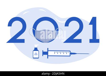 Illustrazione vettoriale Happy New Year 2021 vaccinazione contro il coronavirus nuovo normale dopo COVID-19 pandemia maschera medica, disinfettante, test per corona Illustrazione Vettoriale