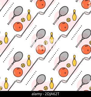 Pattern vettoriale senza cuciture con bocce e ciotola, racchetta da tennis e palla, golf club. Tema sportivo. Gioco, hobby, intrattenimento. Attrezzature sportive. Desi Illustrazione Vettoriale