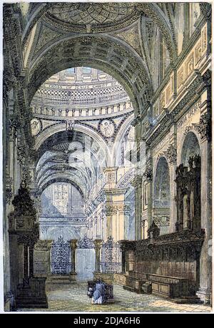 Incisione dell'interno della Cattedrale di San Paolo, Londra Foto Stock